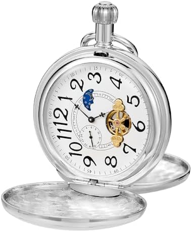 Alwesam Copper Pocket Watch Steampunk Mechanical Tourbillon Moon Phase Hand Wind Mens Watches with Chains & Boxs（Silver