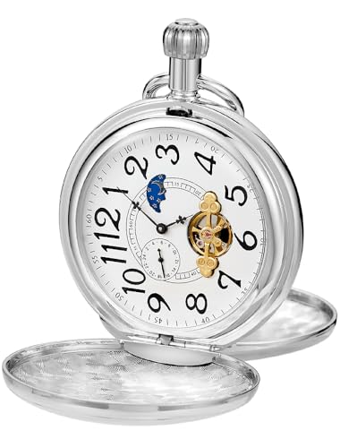 Image of Copper Pocket Watch Steampunk Roman Number Scale Mechanical London Hand Wind Mens Watches with Chains & Boxs