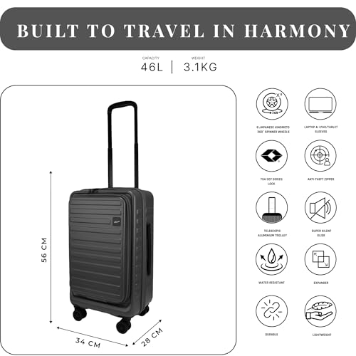 Image of F Gear Windsor Front-Opening Small Trunk-Style Hard Luggage |Hinomoto Wheels, German Makrolon Polycarbonate, Cabin Suitcase for Travel| Laptop sleeve, Expandable & Anti-Theft Zipper (Steel Grey, 56cm)