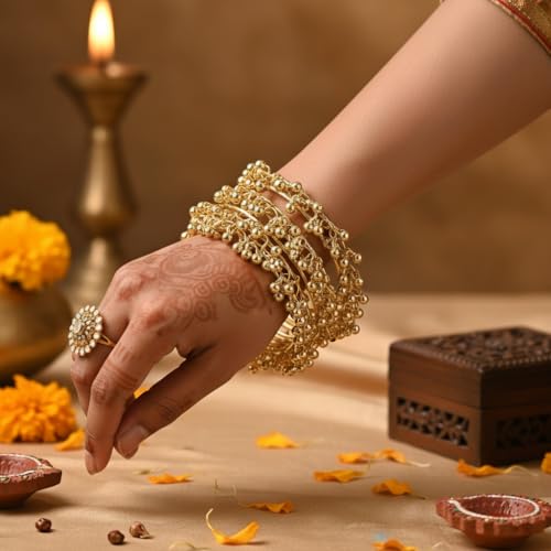 Image of Women's Stylish Alloy Metal Chudi Set With Ghungroo Work For Women & Girls | Traditional Metal Bangles Jewelry | Latkan Kada Set | Kangan For Wedding, Festival, Party - Set Of 8.