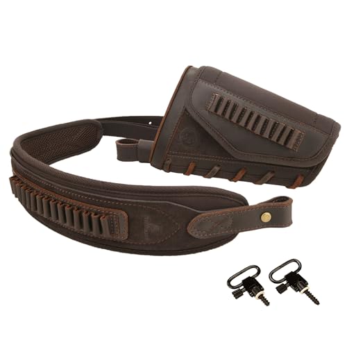 Tas Trost Leather Hunting Rifle Cheek Riser Gun Buttstock Cover with Ammo Holder Sling for .308 .45-70 .30-30 .22lr .35cal (Coffee Set, .22LR .17HMR .22MAG)