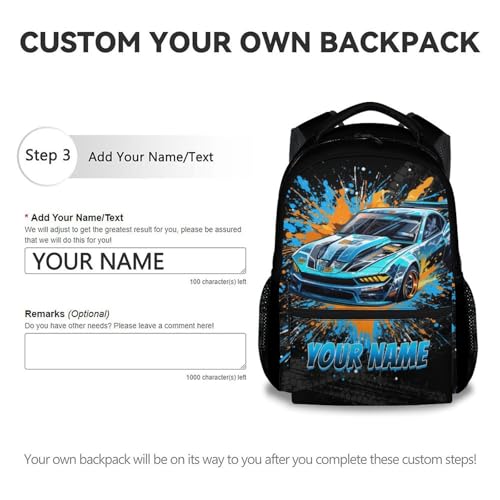 Personalized Backpack for Kids, 17 Inch Cool Car Backpacks for Toddler Boys, Blue Cartoon Race Car Large Capacity Bookbag for Elementary School3