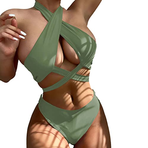 Genérico Bikinis Push Up Mujer Bikini Sin Tirantes Mujer Trajes de baño de 2 Piezas Malla Sexy Cintura Alta para Adelgazar entrecruzados para Bikini Sin Relleno Parte Arriba (Green, S)