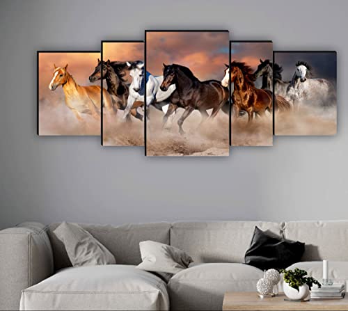 SAF Animals Theme - Set of 5 Seven Running Horses vastu UV Textured Home Decorative Gift Item MDF Panel Painting 18 Inch X 42 Inch SANFPNL31210 , Multicolour