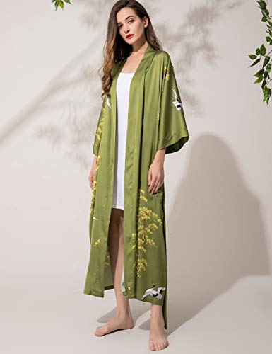 Aensso Long Soft Silk Y Kimono Robes For Women, Olive Green Floral Lightweight Wedding Robe #TOP3