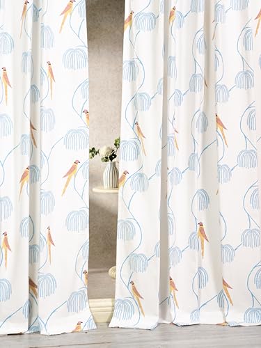Image of Tranquebar Curtain Co. Window Curtains 5 Feet, 60-65% Room Darkening,Yellow-Blue Bird Print, Cotton Curtains for Window,Cotton Curtains 5 Feet Long Set of 2,BackTab Loops,Mithu (152 cm)- Set of 2