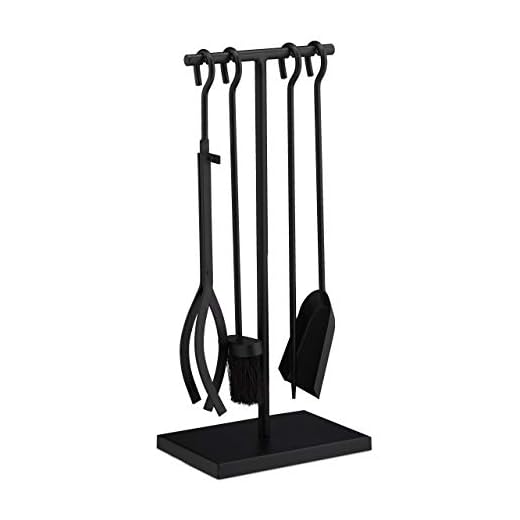 Relaxdays Accesorios Chimenea, Modernos, Juego de Estufa con Atizador, Pinzas, Escoba, Pala y Soporte, Negro, Acero, Set de 5 Piezas