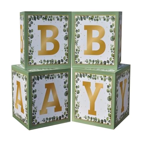 PABUES Baby Boxes with Letters for Baby Shower, 4pcs Baby Shower Decorations for Boy Girl Balloon Boxes Gender Reveal Baby Shower Birthday Party Favors (Green Gold) Cover