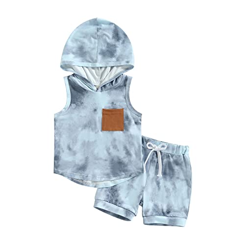 Image of TheFound Infant Baby Boy Shorts Set Tie Dye Short Sleeve Hooded Pullover Top Drawstring Shorts Summer Clothes