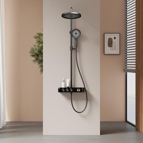 EMKE Colonne de Douche Thermostatique, Douche à Main 3 Fonctions, Pommeau de Douche Extra Large de 260 mm, Réglage du Débit d'Eau, 355x400x1100 mm,Noir Mat