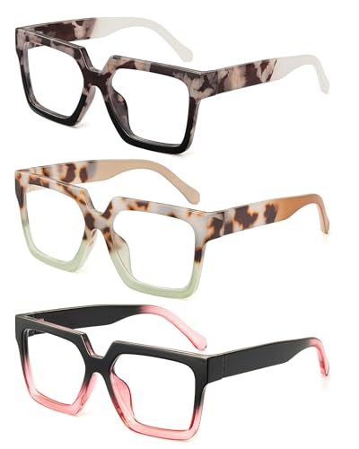 JM Paquete de 3 Gafas de Lectura Cuadrados, Sobredimensionado Gafas de Lectura con Bloqueo a Luz Azul Para Mujeres y Hombres