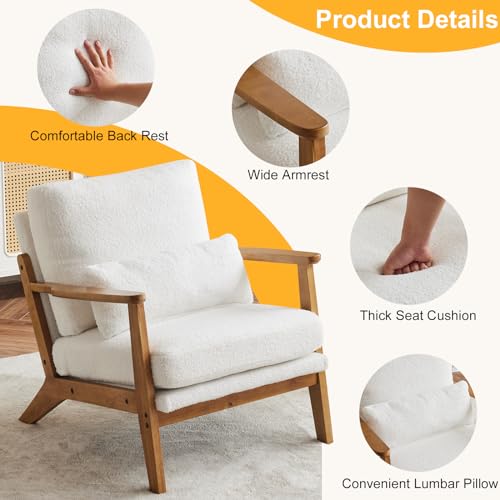 Image of Karl home Mid-Century Lounge Accent Chair, White | Wide Curved Armrest, Teddy Fleece, Lumbar Pillow Included, Solid Wood Frame, For Living Room, Bedroom, Balcony, Apartment