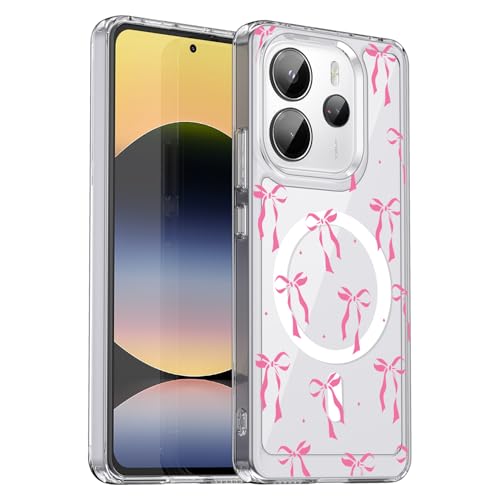 Yojiong für Xiaomi Redmi Note 14 4G Hülle Magnetisch Hübsches Trendiges Ästhetisches Schleife Muster Transparent Handyhülle [Nie Vergilbung] Hard PC Rückseite Stoßfest Kratzfeste Schutzhülle Rosa