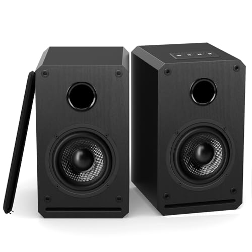 LONPOO 30W Kompakter PC-Lautsprecher Bluetooth, Aktiv Regallautsprecher mit USB, AUX-in, Kopfhörerausgang, 3-Zoll Kohlefaser Tieftöner, Klassisches 9mm Holzgehäuse (LP-42S)
