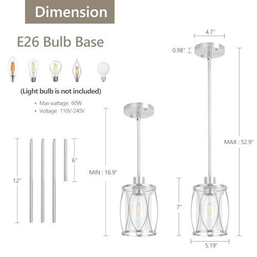 Image of Glass Pendant Lights Kitchen Island Brushed Nickel, 1 Pack | Pendant Light Fixtures Adjustable Farmhouse Mini Hanging Light with Clear Glass for Sink Dining Room Foyer Entryway