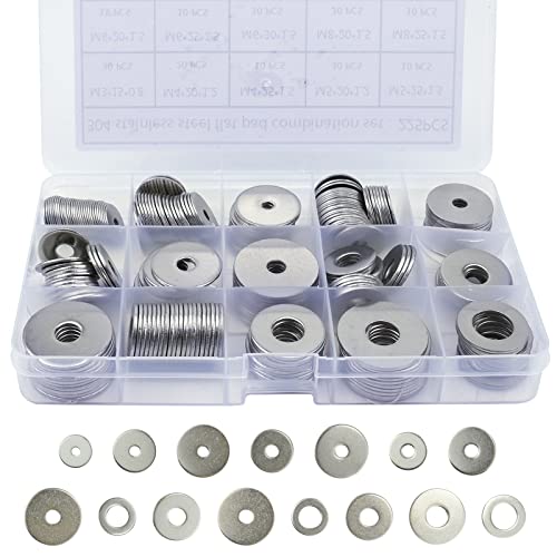 BIGP 225 Stück Flach Unterlegscheiben, 15 Größen 304 Edelstahl Flach Beilagscheiben M3 M4 M5 M6 M8 M10 M12 Sicherungsscheiben Sortiment Set Cover