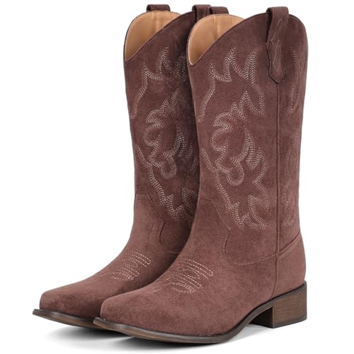 Image of IUV Cowboy Boots For Women Square Toe Wide Mid Calf Western Pull On Suede Fashion Black Brown Cowgirl Boots