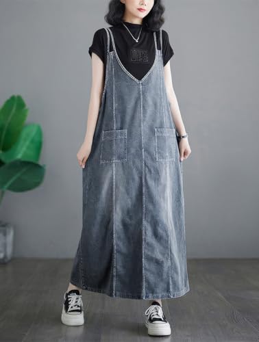 Image of ebossy Women's Sleeveless V Neck Denim Overall Jumper Dress Casual Loose Double Spaghetti Straps Midi Jean Dress