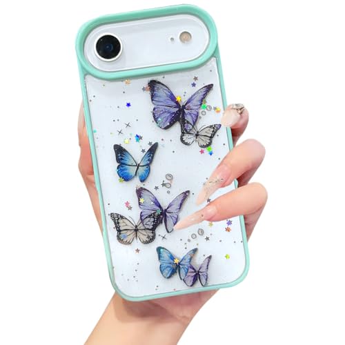 Image of VONZEE Glitter Butterfly Back Cover Case Compatible with iPhone 17 Air, Clear Cute Bling Sparkle Shiny Soft TPU Bumper Shockproof Women Girls Slim Protective for iPhone 17 Air|6.6 inch|Mint Green