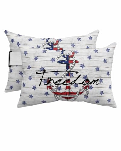 AMZRicher 4th of July Outdoor Waterproof Pillows for Recliner Chaise Lounge Chair, Nautical Anchor Red Blue Stars Wood Grain Lumbar Pillows with Inserts & Elastic Band for Patio Beach 2 Pack-11x16 in