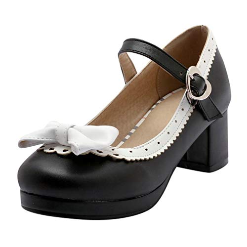 LOVOUO Mary Jane Chaussures Rockabilly Femme Escarpins Vintage Retro Talon Bloc Carré Moyen Plateforme Bride Cheville avec Noeud Boucle Cute 5CM(Noir,41) Cover