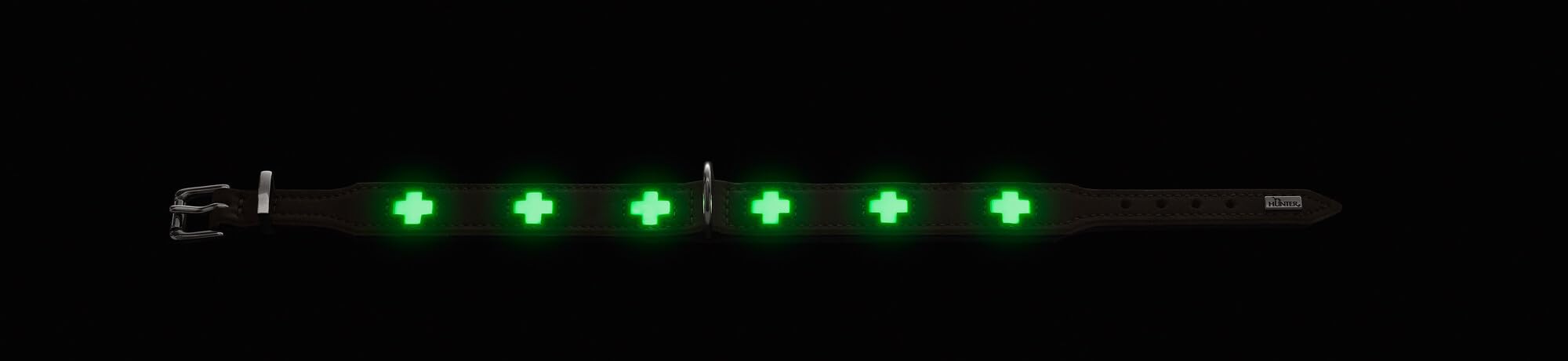 HUNTER Hundehalsband Swiss Glow aus weichem Rindsleder, Fluoreszierende Kreuze leuchten im Dunkeln, handgenäht, Made in Germany, Farbe: steingrau, Größe: 42