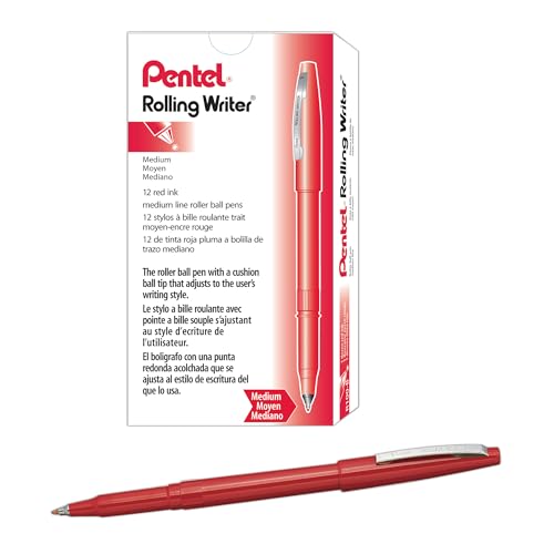 Pentel R100B Rolling Writer Stick Roller Ball Pen, .8mm, Red Barrel/Ink, Dozen