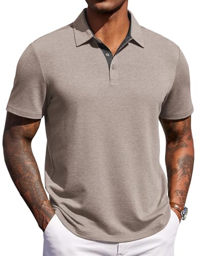 COOFANDY Mens Casual Polo Shirts Short Sleeve Summer Shirts Lightweight Classic Collared Golf Shirt Khaki