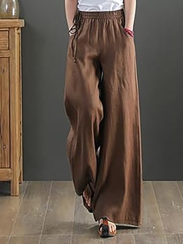 Image of KOTTY Women's Crumble Fabric High Waist Solid Color Drawstring Wide Leg Trousers Loose with Pockets