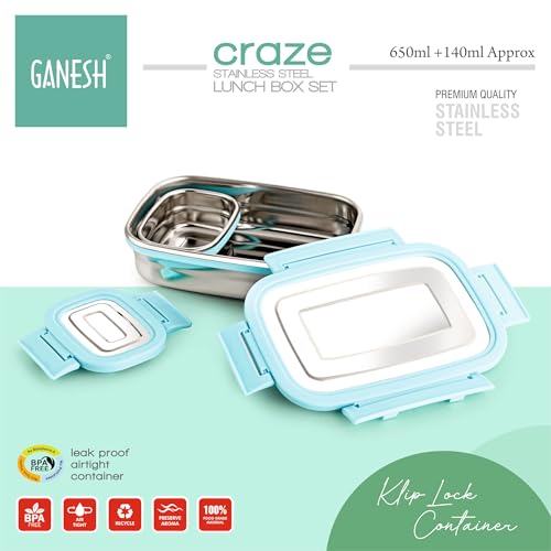 GANESH Craze Stainless Steel Tiffin Lunch Box Container/Dabba with 4 Side Clip Lock Lid for Office & School Use/Food Grade/Air Tight/Easy to Carry/Leak Proof(650ml 1pc + 140ml 1 Pc) Blue (Image - 5)