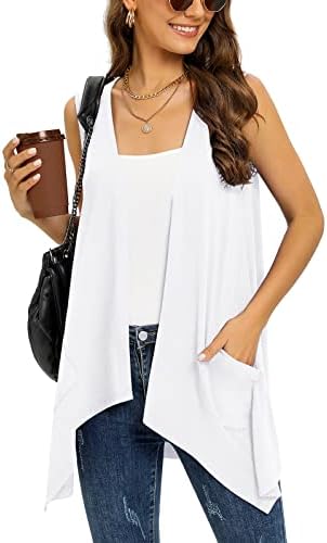 Veryoung White Cardigan Vest for Women Sleeveless Casual Summer Draped Open Front Kimono Cover Up with Pockets Womens Vests Lightweight High Low Hem,M