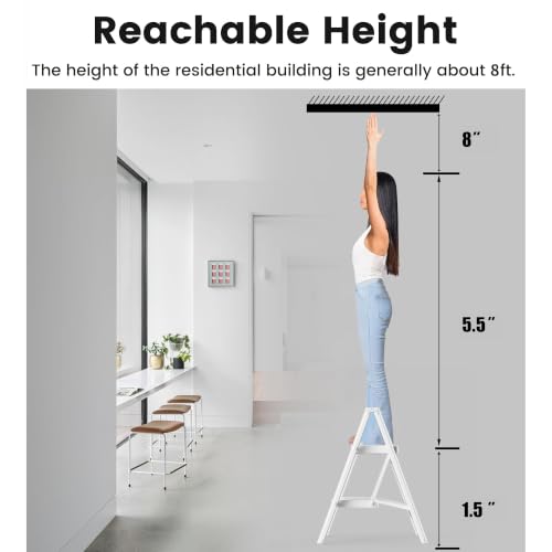 Image of SOLADDER 2 Step Ladder, Folding Step Stool, Lightweight Stepladder, White | Anti-Slip 7.9'' Wide Pedal;Space-Saving;For Kitchen, Home, Library, Office Use;300lbs Capacity