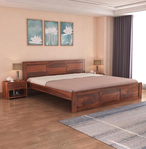 Image of Solid Sheesham Wood King Size Bed Without Storage | Wooden Double Bed Cot Palang with Headboard for Bedroom, Guest Room, Living Room, Hotels and Home (Honey Finish)