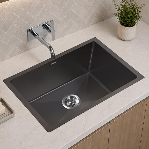Image of Plantex Stainless Steel Handmade Kitchen Sink /Single Bowl Sink For Kitchen With Drain Rack and Coupling and Waste Pipe /Undermount /Topmount (Black- 24X18 Inches)
