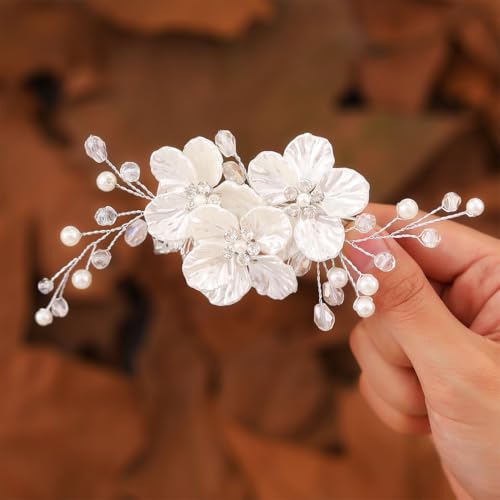Pinza para cabello de boda con flor plateada y perla miniatura 2