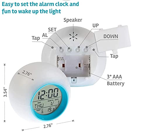 Voltstech Kids Alarm Clock, 7 Color Changing Night Light Kids Alarm Clocks LED Glowing Wake Up Bedside Clock Gifts, Snooze Touch Temperature Detect, Room Decor for Boys Bedroom