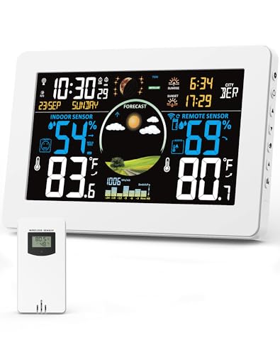 Zivron Weather Station Wireless Indoor Outdoor Thermometer, 7.5" VA Display with Remote Sensor, Home Weather Station with Weather Forecast, Temperature, Humidity, Atomic Clock, White