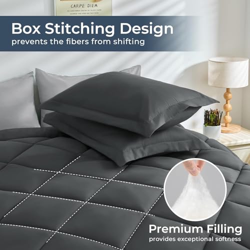 HEVUMYI Cali-King Comforter Set - 7-Piece All Season Bed in a Bag Cali-King, Ultra Soft Bedding Set with Comforter, Flat Sheet, Fitted Sheet, Pillowcases, Pillow Shams, Dark Grey & Light Grey
