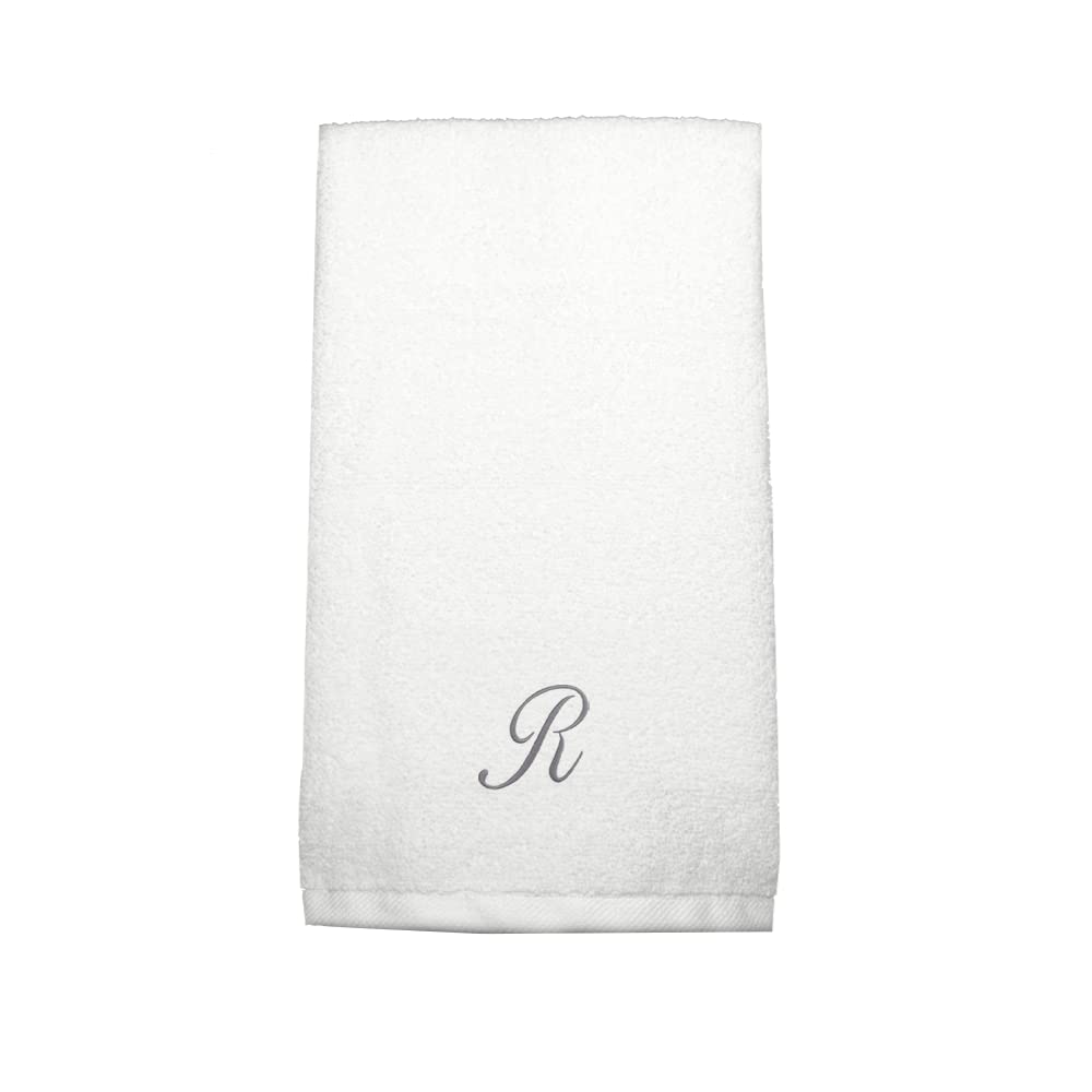 BYFT Embroidered For You (White) Luxury Monogrammed Hand Towel (50 x 80 Cm -Set of 1) 100% Cotton, Highly Absorbent and Quick dry, Classic Hotel and Spa Quality Bath Linen -600 Gsm (Silver Letter R)