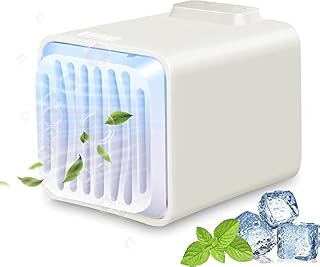 Air Cooler,Portable Air Conditioner Small Evaporative Coolers with 2 Ice Cube Box-USB Power Supply 3 Wind Speeds,Colorful Light,Personal Desk Cooling Fan for Home Office Travel Outdoor (White-a)