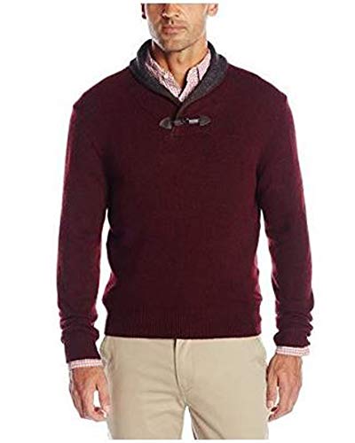 Haggar Men's Long Sleeve Contrast Shawl Collar with Toggle Sweater, Burgundy, Large
