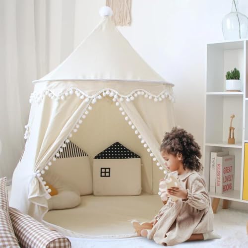 Play Tent for Children Kids Play Tent Breathable Cotton and Hemp Princess Castle Tent with Fibreglass Poles Storage Bag Sturdy Indoor Outdoor Playhouse Teepee Girl White(130 * 110 * 110cm)