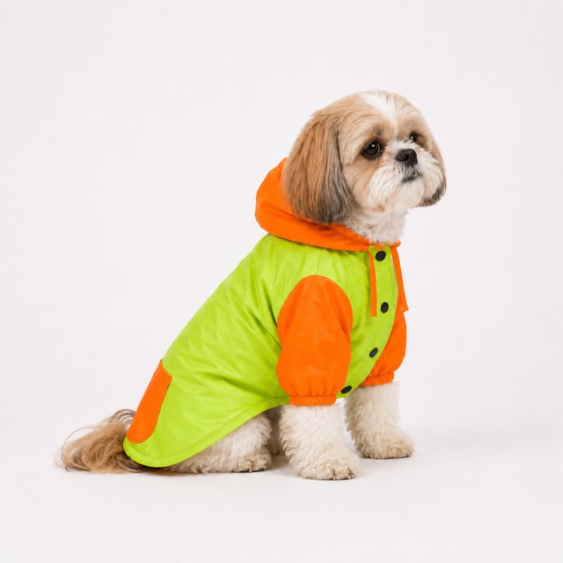 Image of Thunder Tails Dog Raincoat Waterproof Jacket for Dogs with Hood | Double Layer Water Resistant Polyester, Adjustable Fit, Snap Button Closure, Lightweight Pet Rain Wear (Green /Orange, L)