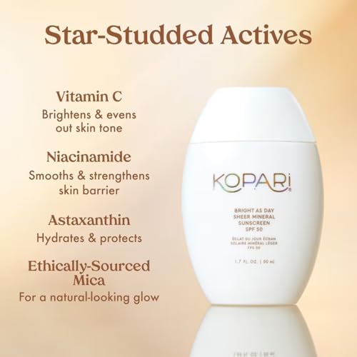Kopari Bright as Day Sheer Mineral Sunscreen SPF 50, 100% Mineral Facial Sunscreen with Vitamin C & Niacinamide, Sheer Finish, All Skin Tones, 1.7 oz