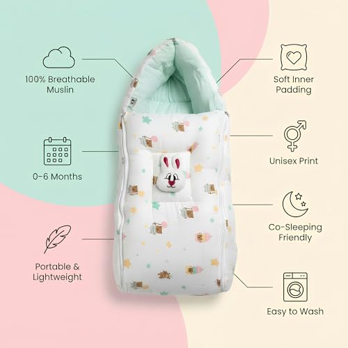 Image of VoiDrop Baby Sleeping Bag for new Born, Muslin Baby Sleeping Bag 0-6 Month for New Born & Infant, Washable & Foldable Cotton Design,(Green)
