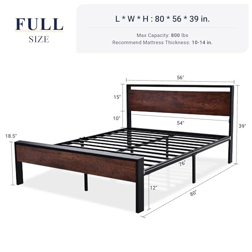Image of Allewie Full Size Bed Frame, Heavy Duty 12 Metal Slats Support, Mahogany | Wooden Headboard and Footboard, Modern Platform Bed, No Box Spring Needed, Under-Bed Storage, Noise Free, Easy Assembly
