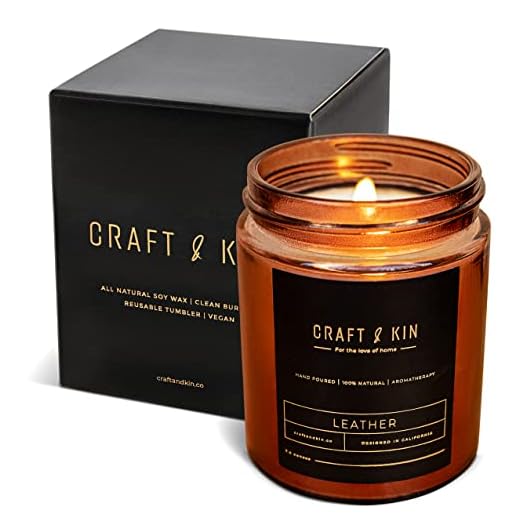 Craft & Kin Leather Candle, Premium Scented Candles for Men & Women | All-Natural Soy Candles, Rustic Home Decor Scented Candles | Ultra Clean Burn Amber Jar Candles, Non-Toxic Aromatherapy Candles
