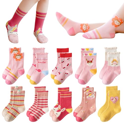 Baogaier 10 Pares Calcetines Niños Niña Algodón, Estampado Animal Caballo Rosa, Transpirable Cómodo Térmicos, 3-5 Años, 25-28