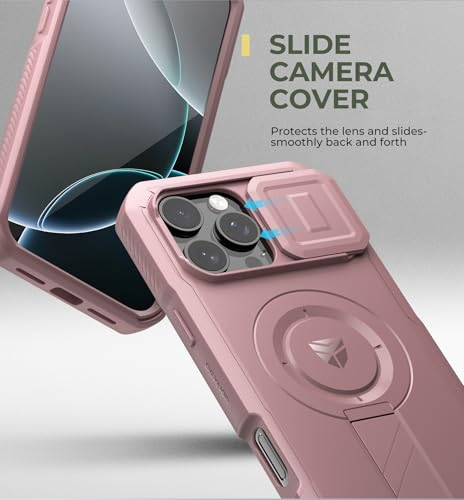 Image of Dexnor for iPhone 16 Pro Max Case with Slide Camera Cover&Adjustable Kickstand&Built-in Screen Protector,Compatible Wireless Charging Shockproof Cases Heavy-Duty Mangetic Protective Cover,Peony Pink