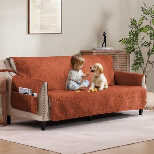 Image of Burnt Orange Sofa Covers with Pockets, Anti-Slip Medallion Couch Covers for 3 Cushion Couch Sofa, Couch Cover for Dogs Water-Repellent Machine Washable (Large Sofa 68 inch, Burnt Orange)